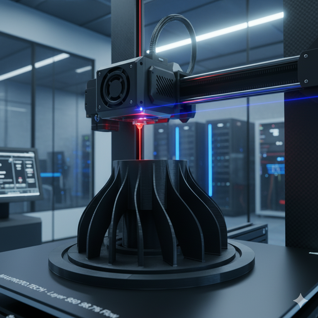 Close up scene the 3D model operation by additive manufacturing by 3D printer machine in the blue tone. The high technology manufacturing process by rapid prototype method.