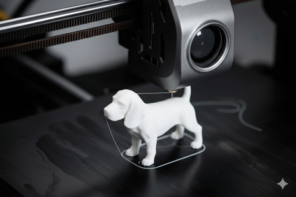 Macro shot of 3D printer extruder producing white-colored human lower jaw bone sample in engineering laboratory